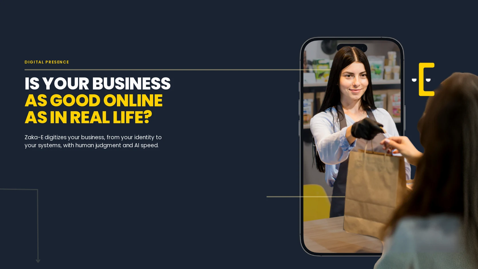 A shop owner hands a customer a paper bag through a phone screen.