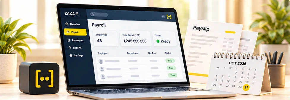 A laptop showing a payroll screen marked ready, beside a payslip and a calendar open at October 2026.