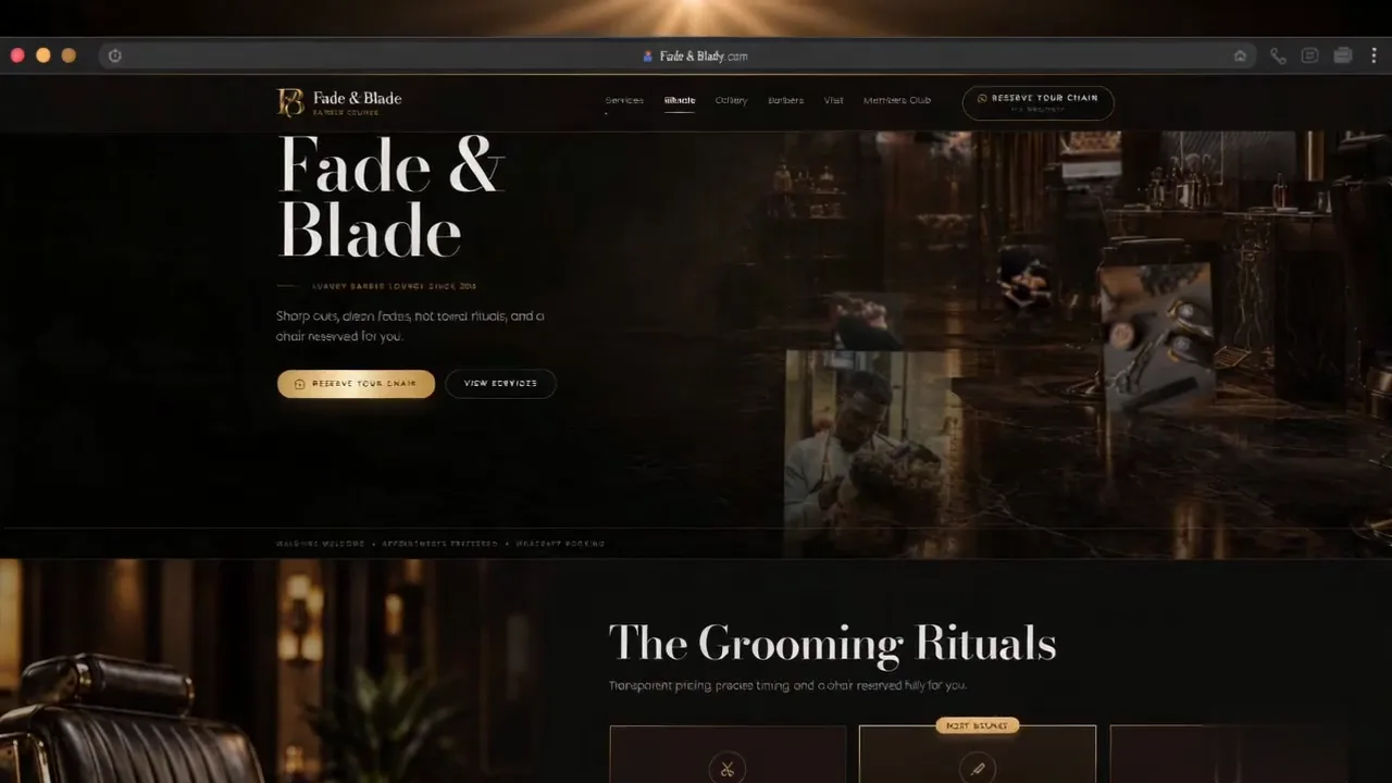 A small business website: a dark, gold-lit barber studio site, scrolling from its hero to the grooming menu, gallery and booking form.
