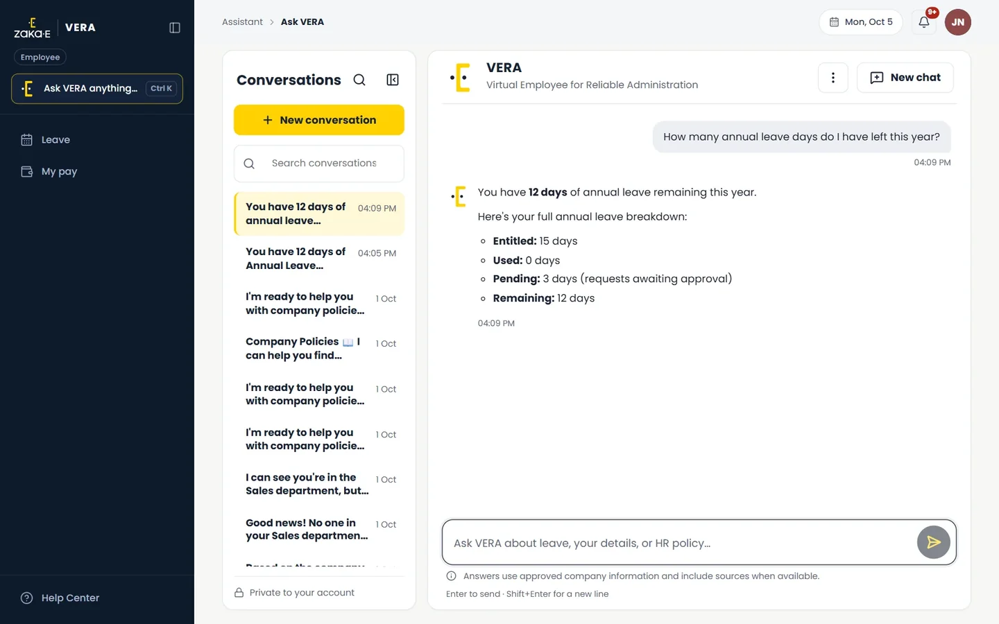 A custom chatbot at work: VERA's assistant answering an employee's question about their annual leave balance.