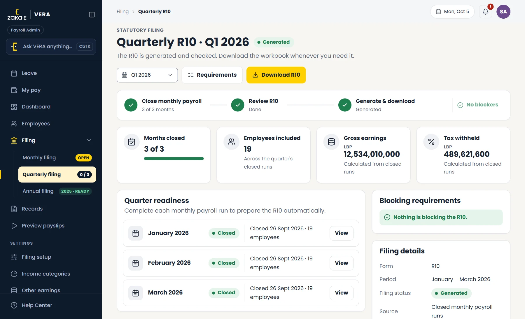 The quarterly R10 filing, built from three closed months.