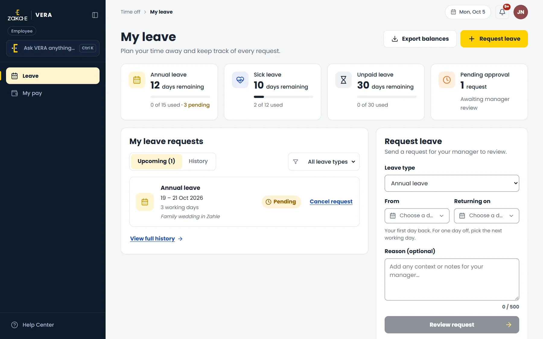 An employee's leave page with balances per leave type and a new request.